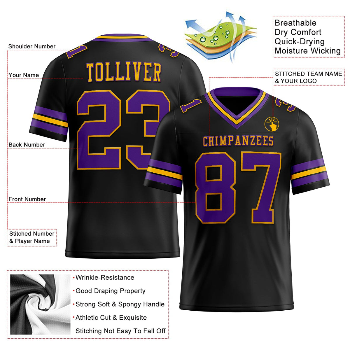 Custom Black Purple-Gold Authentic Football Jersey - Back