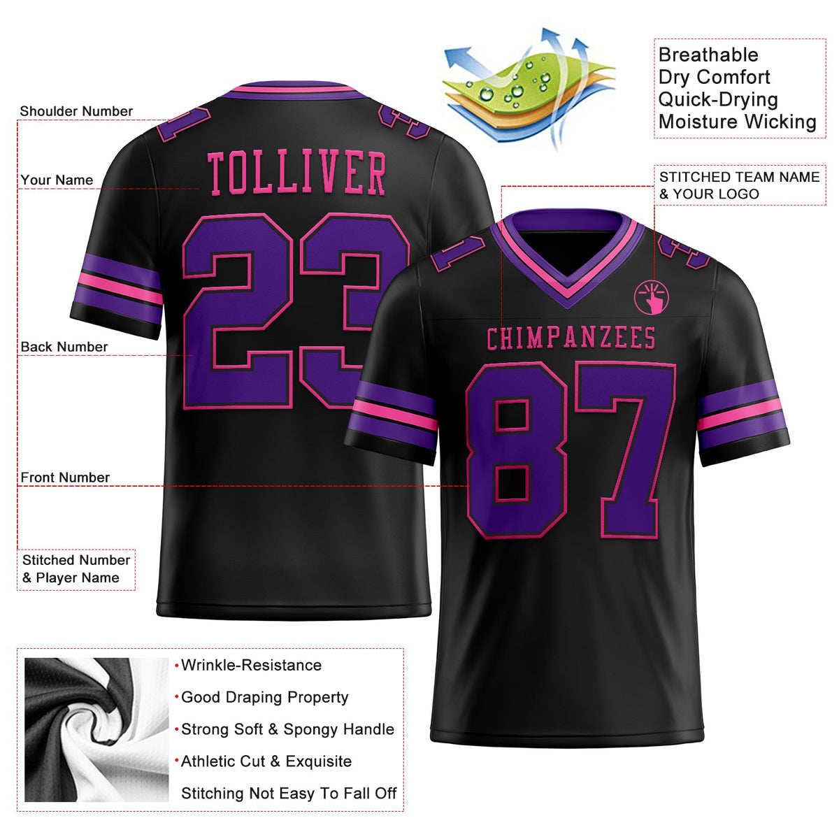 Custom Black Purple-Pink Authentic Football Jersey - Back
