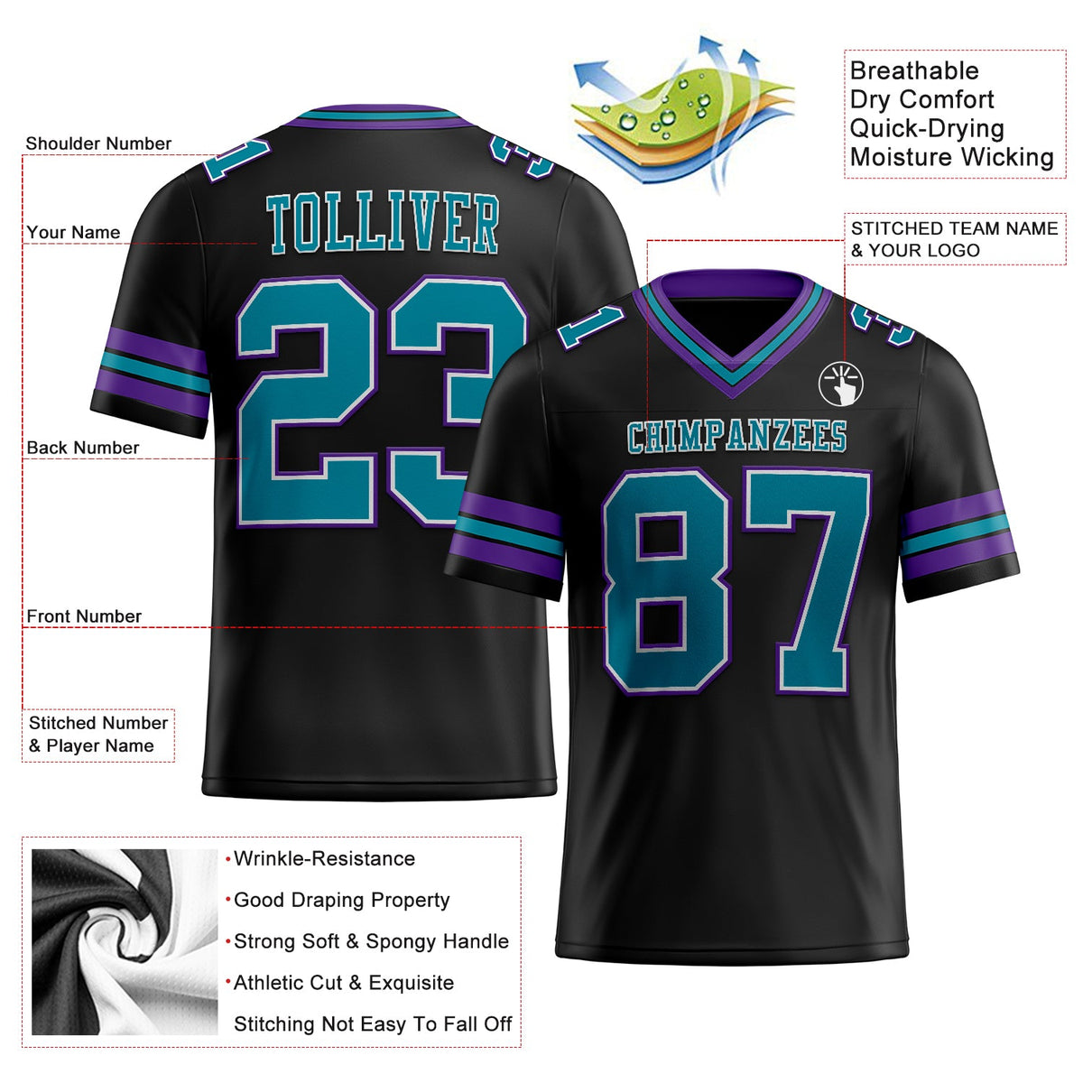 Custom Black Teal-Purple Authentic Football Jersey - Back
