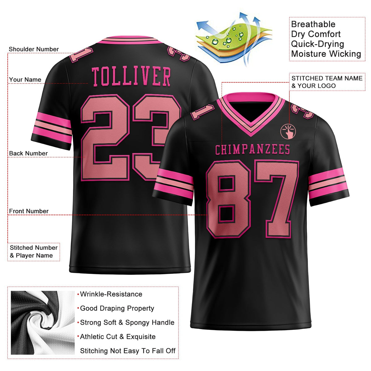 Custom Black Medium Pink-Pink Authentic Football Jersey - Back