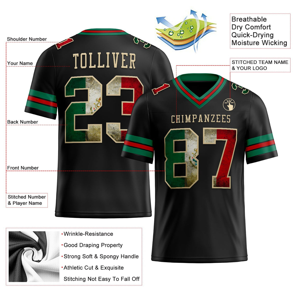 Custom Black Vintage Mexican Flag Kelly Green Red-City Cream Authentic Football Jersey - Back