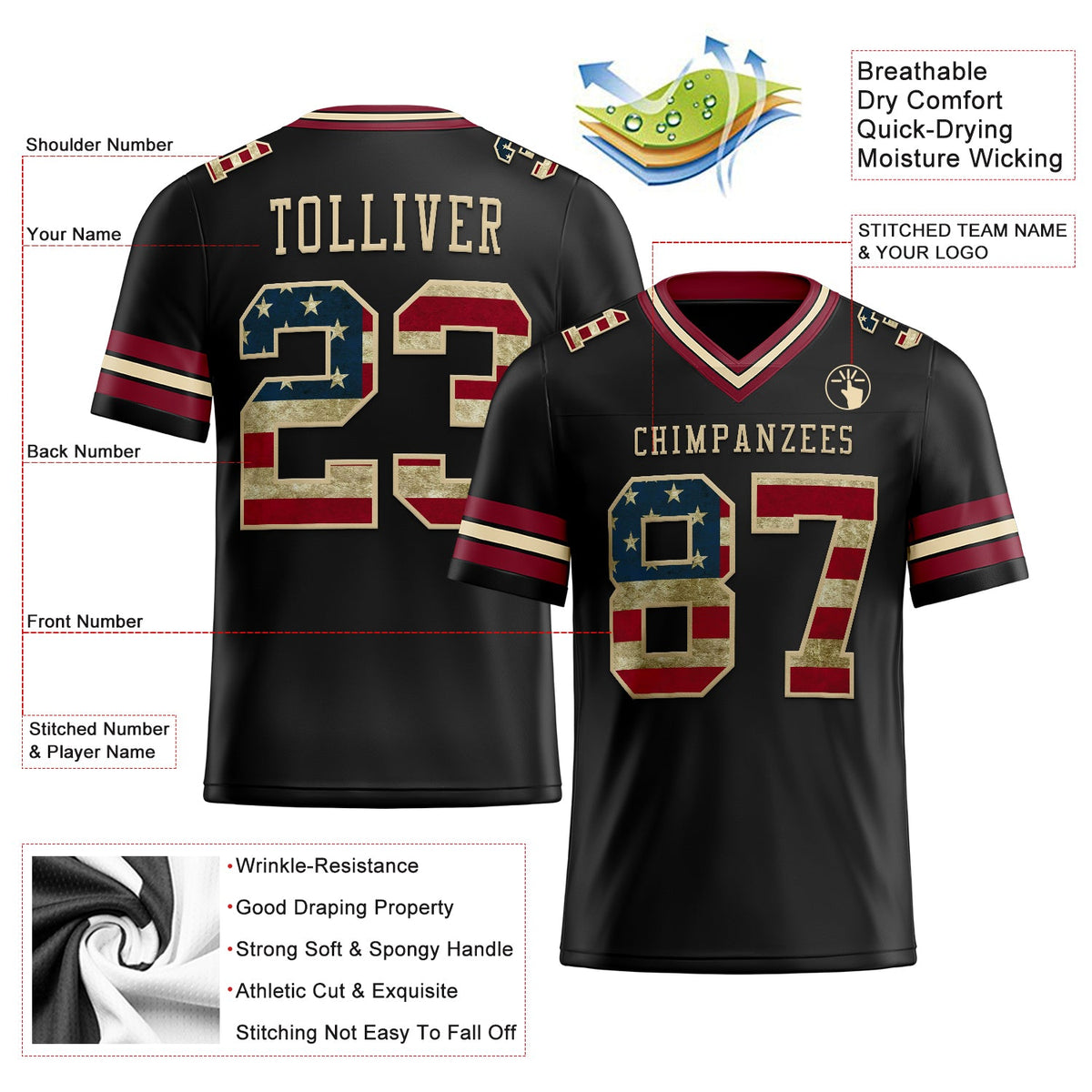 Custom Black Vintage USA Flag Crimson-City Cream Authentic Football Jersey - Back