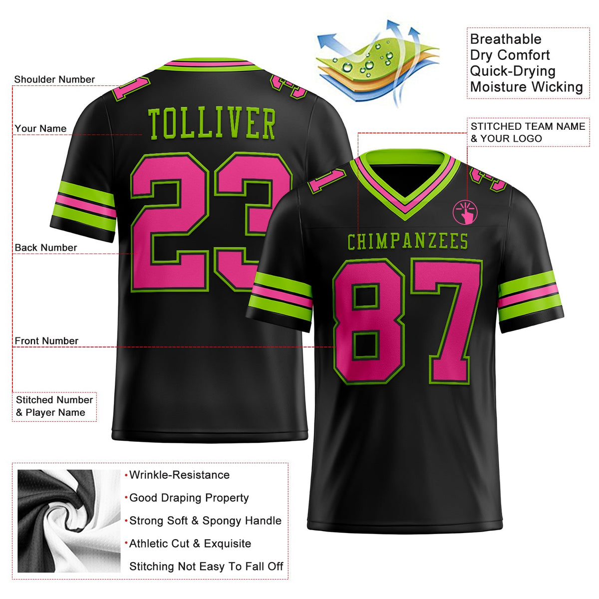 Custom Black Pink-Neon Green Authentic Football Jersey - Back