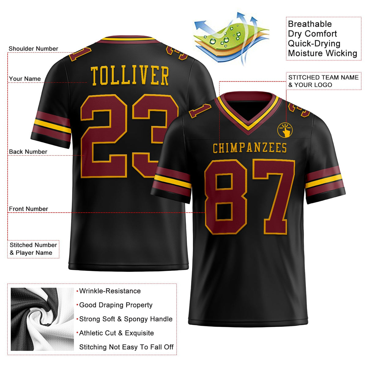 Custom Black Burgundy-Gold Authentic Football Jersey - Back