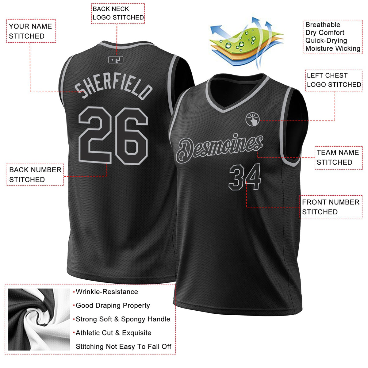 Custom Black Gray Authentic Throwback Basketball Jersey - Front