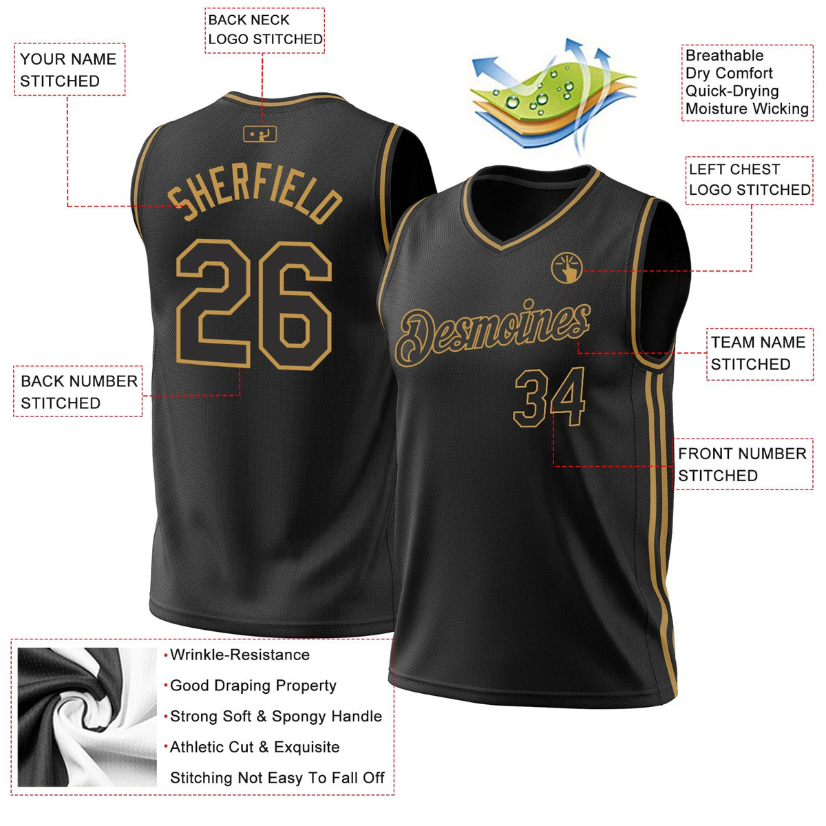 Custom Black Old Gold Authentic Throwback Basketball Jersey - Front
