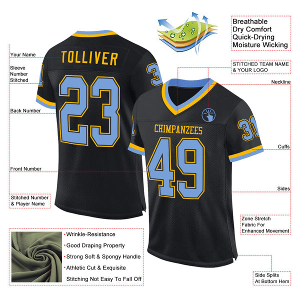 Custom Black Light Blue-Gold Mesh Authentic Throwback Football Jersey alternate