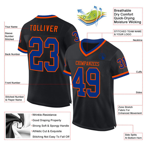 Custom Black Royal-Orange Mesh Authentic Throwback Football Jersey alternate
