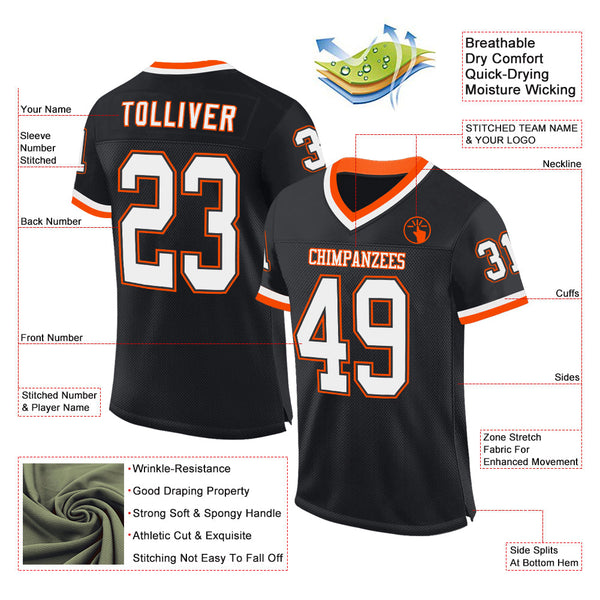 Custom Black White-Orange Mesh Authentic Throwback Football Jersey alternate