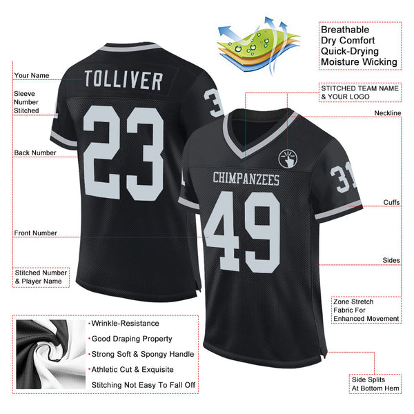 Custom Black Silver-Gray Mesh Authentic Throwback Football Jersey alternate