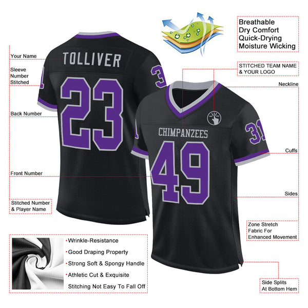 Custom Black Purple-Gray Mesh Authentic Throwback Football Jersey alternate