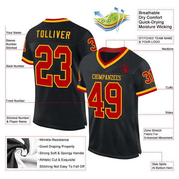 Custom Black Red-Gold Mesh Authentic Throwback Football Jersey alternate