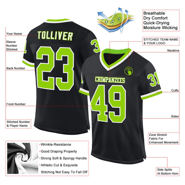 Custom Black Neon Green-White Mesh Authentic Throwback Football Jersey alternate