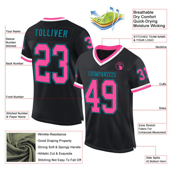 Custom Black Pink-Teal Mesh Authentic Throwback Football Jersey alternate