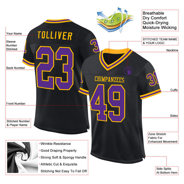 Custom Black Purple-Gold Mesh Authentic Throwback Football Jersey alternate
