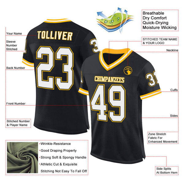 Custom Black White-Gold Mesh Authentic Throwback Football Jersey alternate