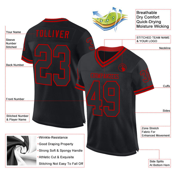 Custom Black Red Mesh Authentic Throwback Football Jersey alternate
