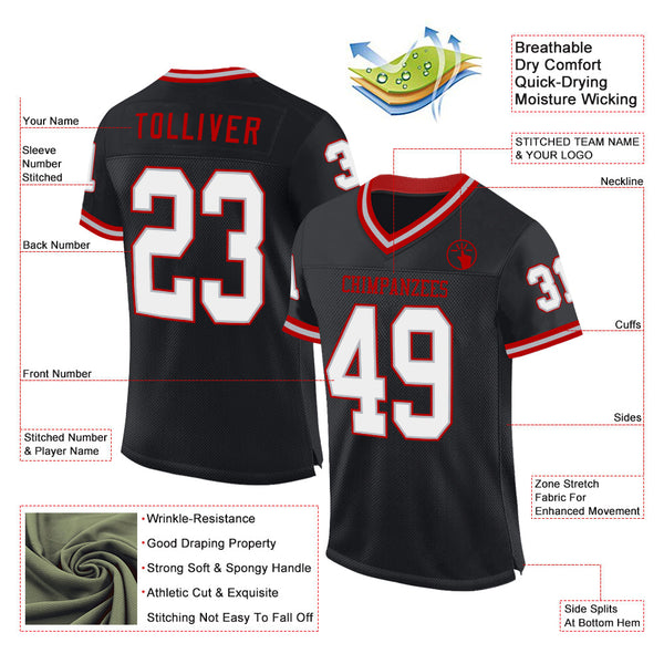 Custom Black Gray-Red Mesh Authentic Throwback Football Jersey alternate