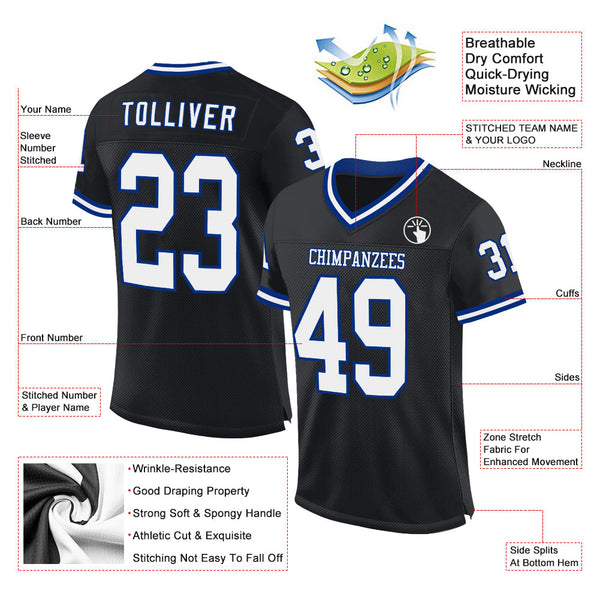 Custom Black White-Royal Mesh Authentic Throwback Football Jersey alternate