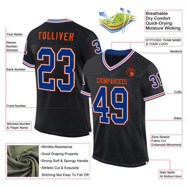 Custom Black Royal-Orange Mesh Authentic Throwback Football Jersey alternate