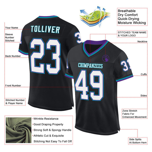 Custom Black Purple-Teal Mesh Authentic Throwback Football Jersey alternate