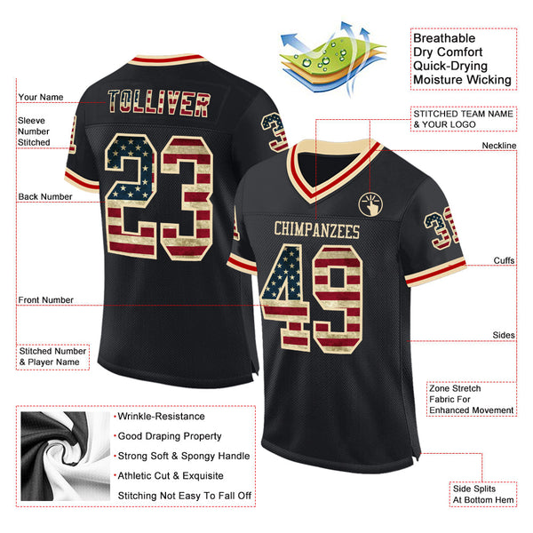 Custom Black Vintage USA Flag Cream-Red Mesh Authentic Throwback Football Jersey alternate