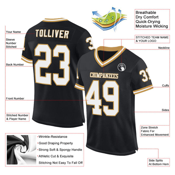 Custom Black White-Old Gold Mesh Authentic Throwback Football Jersey alternate