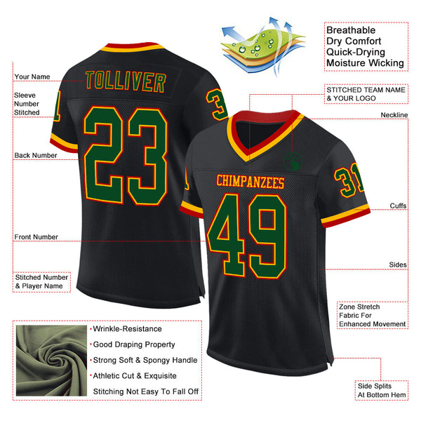 Custom Black Green Gold-Red Mesh Authentic Throwback Football Jersey alternate