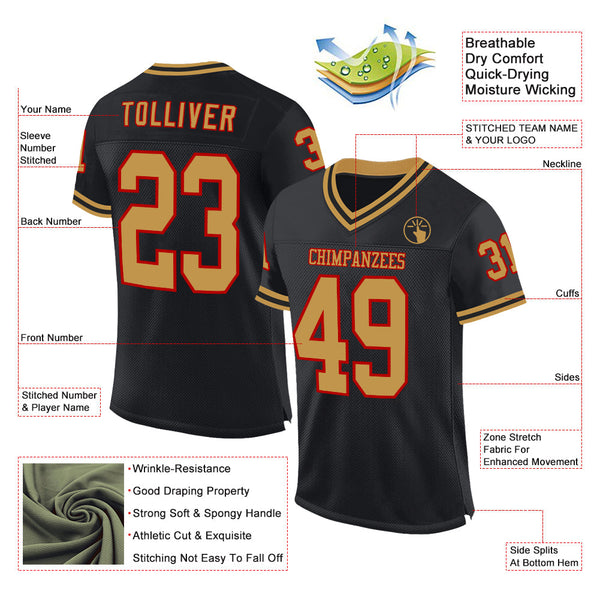 Custom Black Old Gold-Red Mesh Authentic Throwback Football Jersey alternate