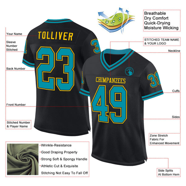 Custom Black Teal-Yellow Mesh Authentic Throwback Football Jersey alternate