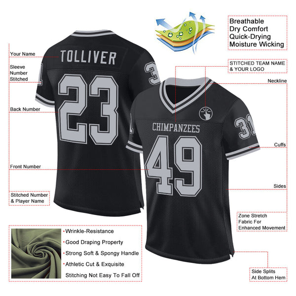 Custom Black Gray Mesh Authentic Throwback Football Jersey alternate