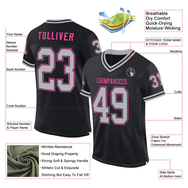 Custom Black Gray-Pink Mesh Authentic Throwback Football Jersey alternate