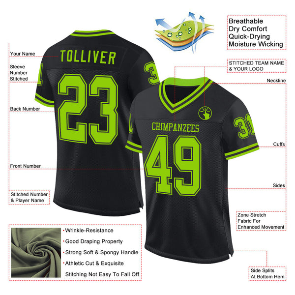 Custom Black Neon Green Mesh Authentic Throwback Football Jersey alternate