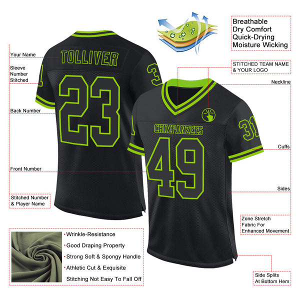 Custom Black Neon Green Mesh Authentic Throwback Football Jersey alternate