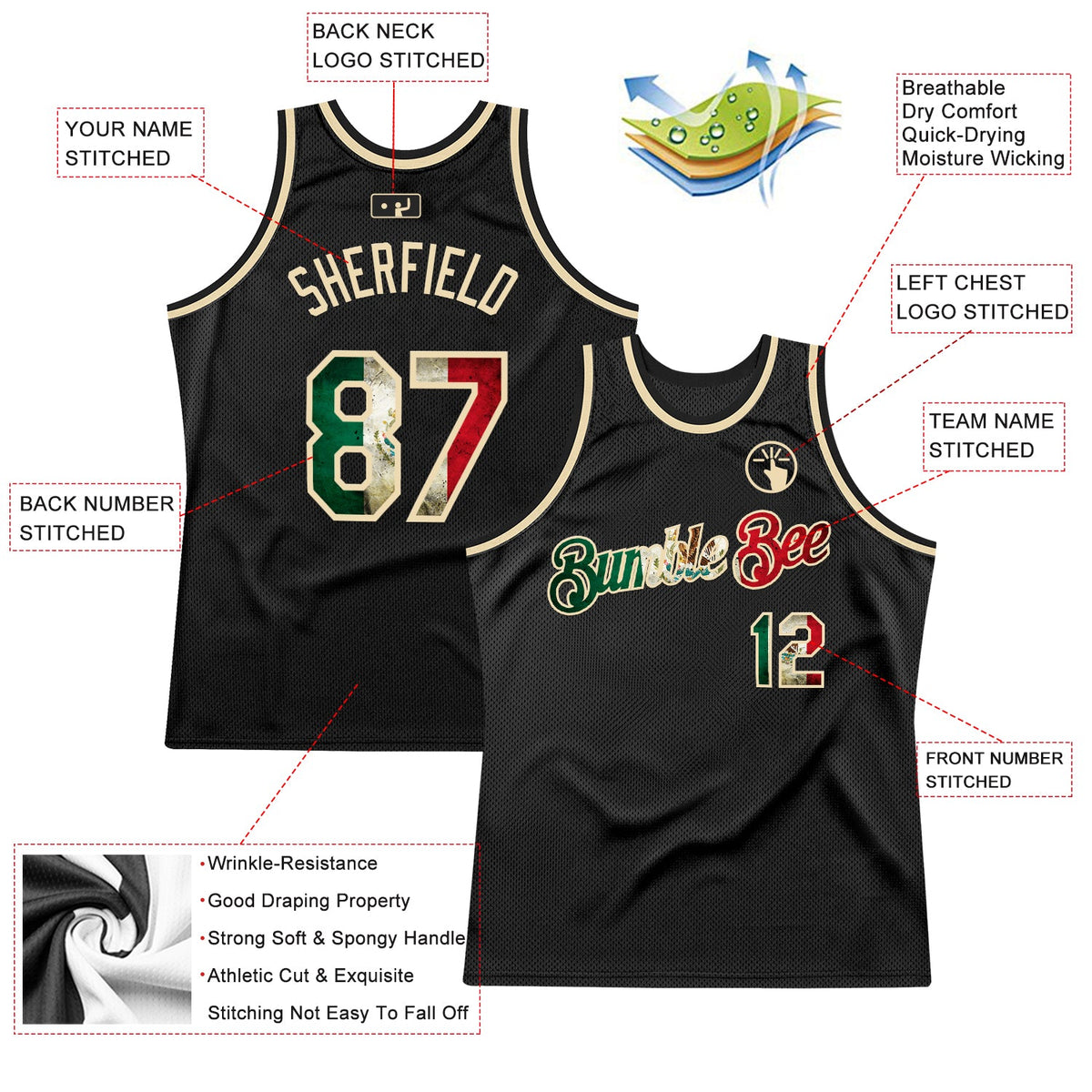 Custom Black Vintage Mexican Flag-Cream Authentic Throwback Basketball Jersey - Back
