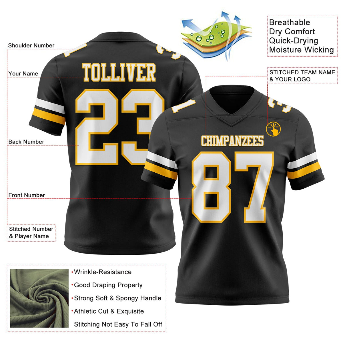 Custom Black White-Gold Authentic Football Jersey - Front