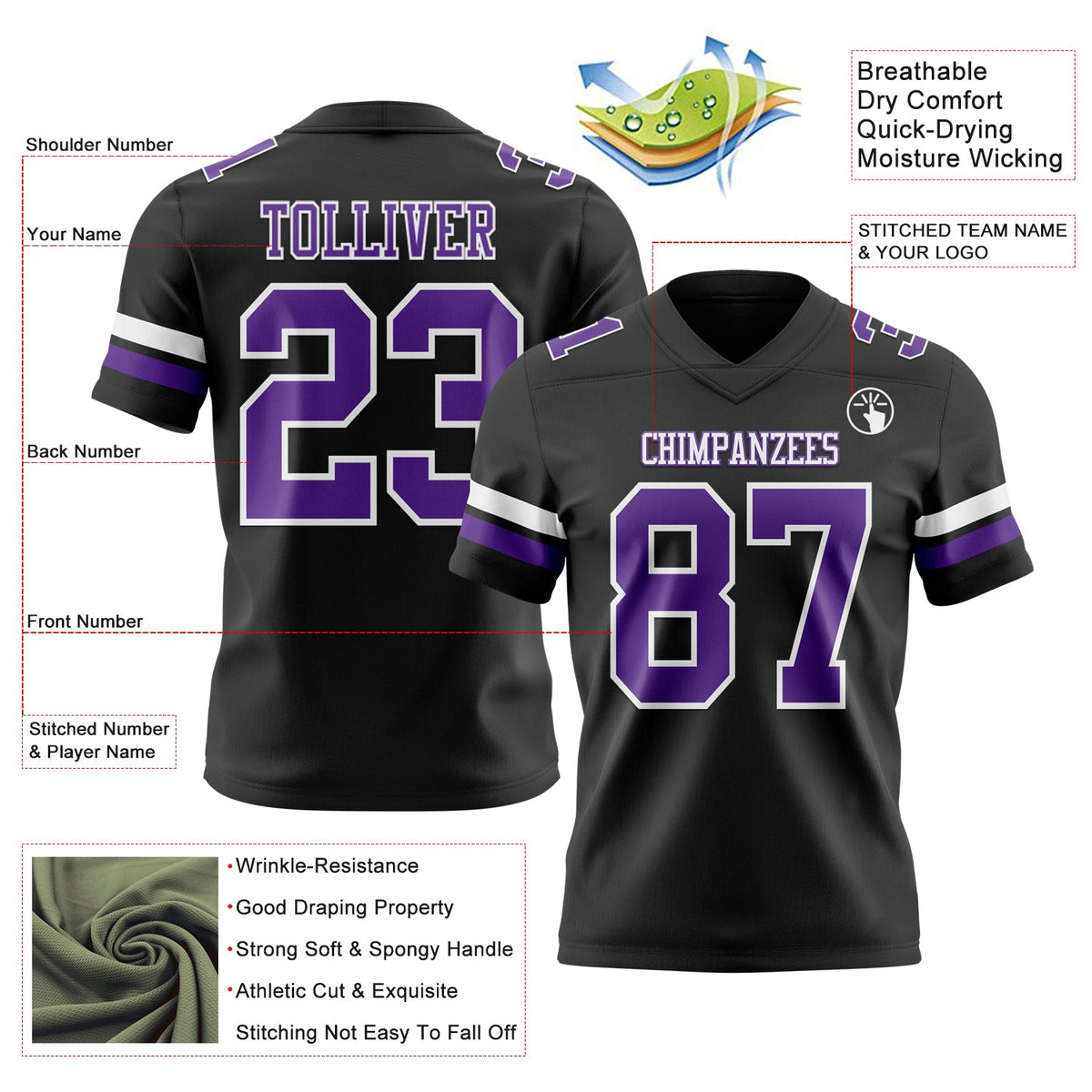 Custom Black Purple-White Authentic Football Jersey - Front