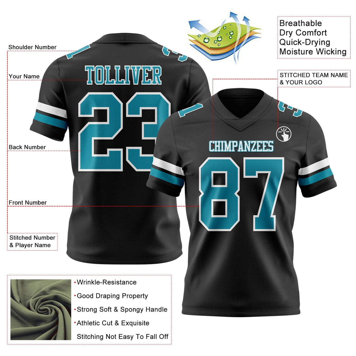 Custom Black Teal-White Authentic Football Jersey - Front