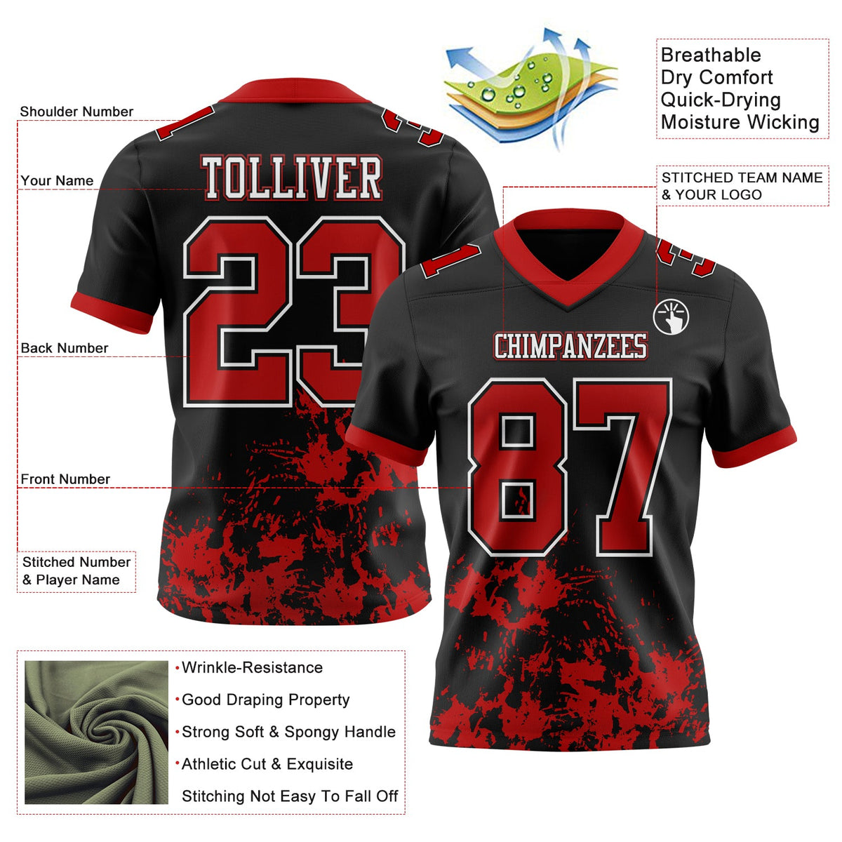 Custom Black Red-White 3D Pattern Splash Authentic Football Jersey - Front