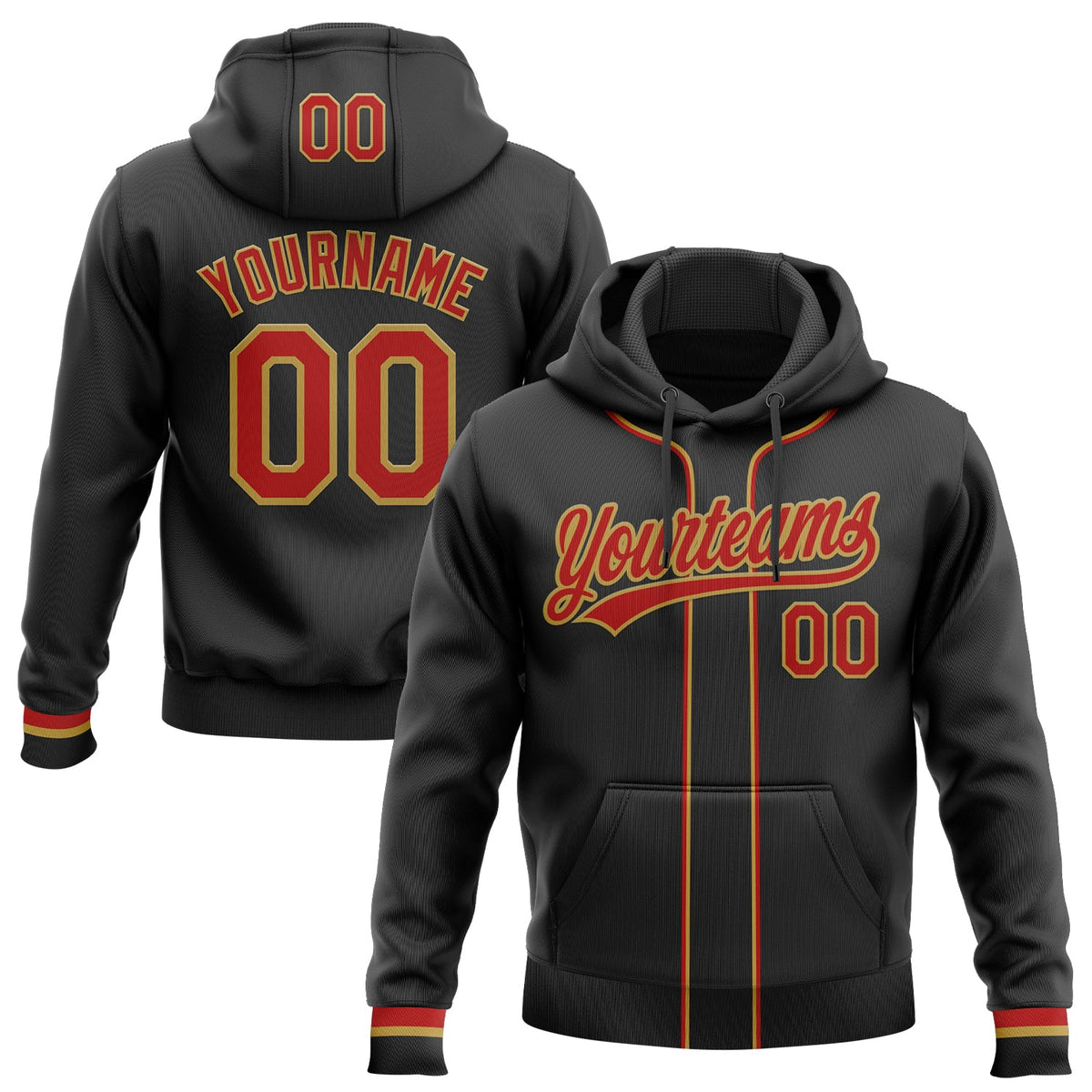 Custom Stitched Black Red-Old Gold Baseball Pullover Sweatshirt Hoodie