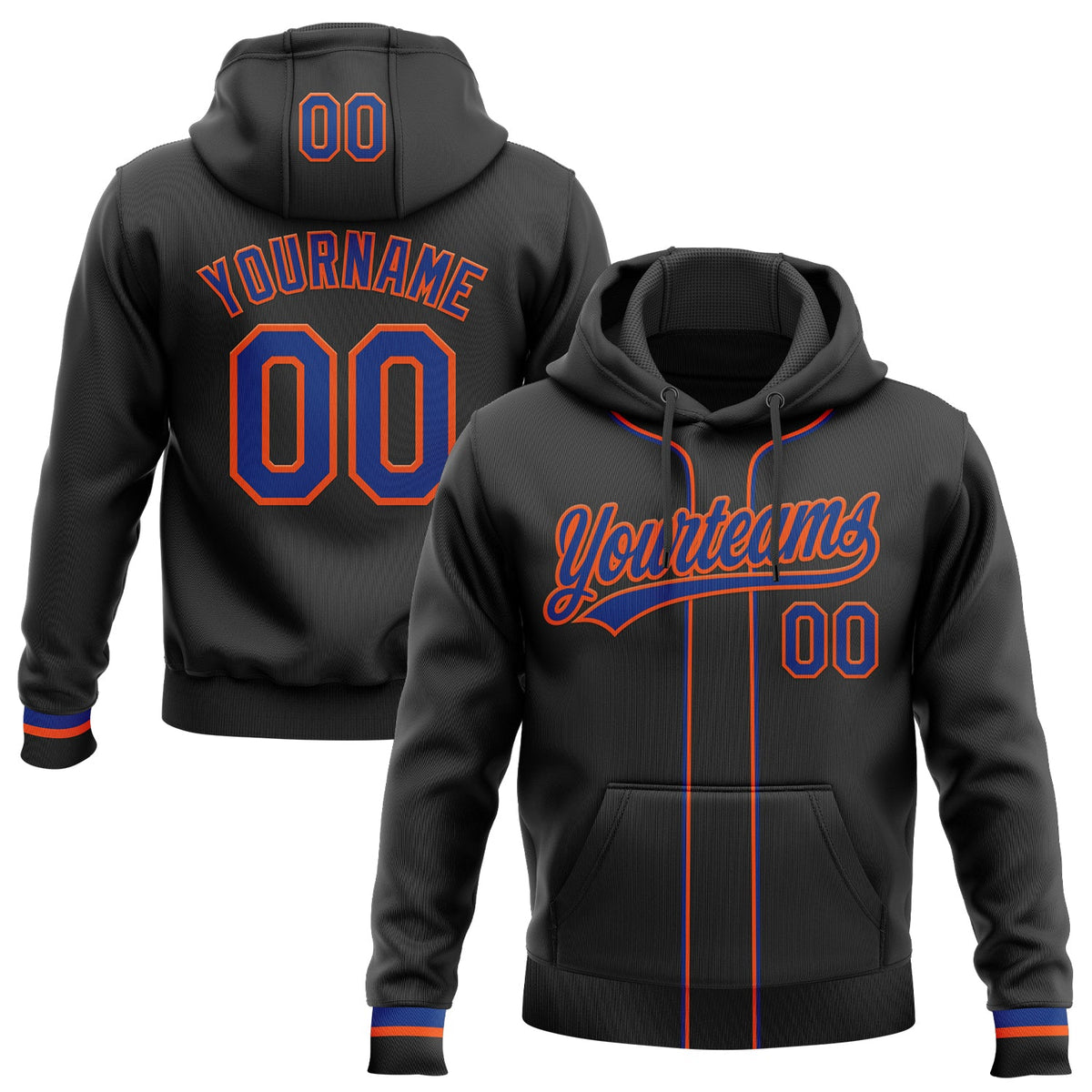 Custom Stitched Black Royal-Orange Baseball Pullover Sweatshirt Hoodie