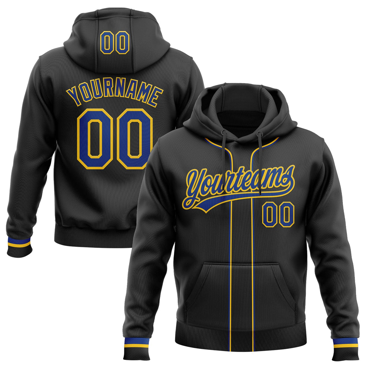 Custom Stitched Black Royal-Yellow Baseball Pullover Sweatshirt Hoodie
