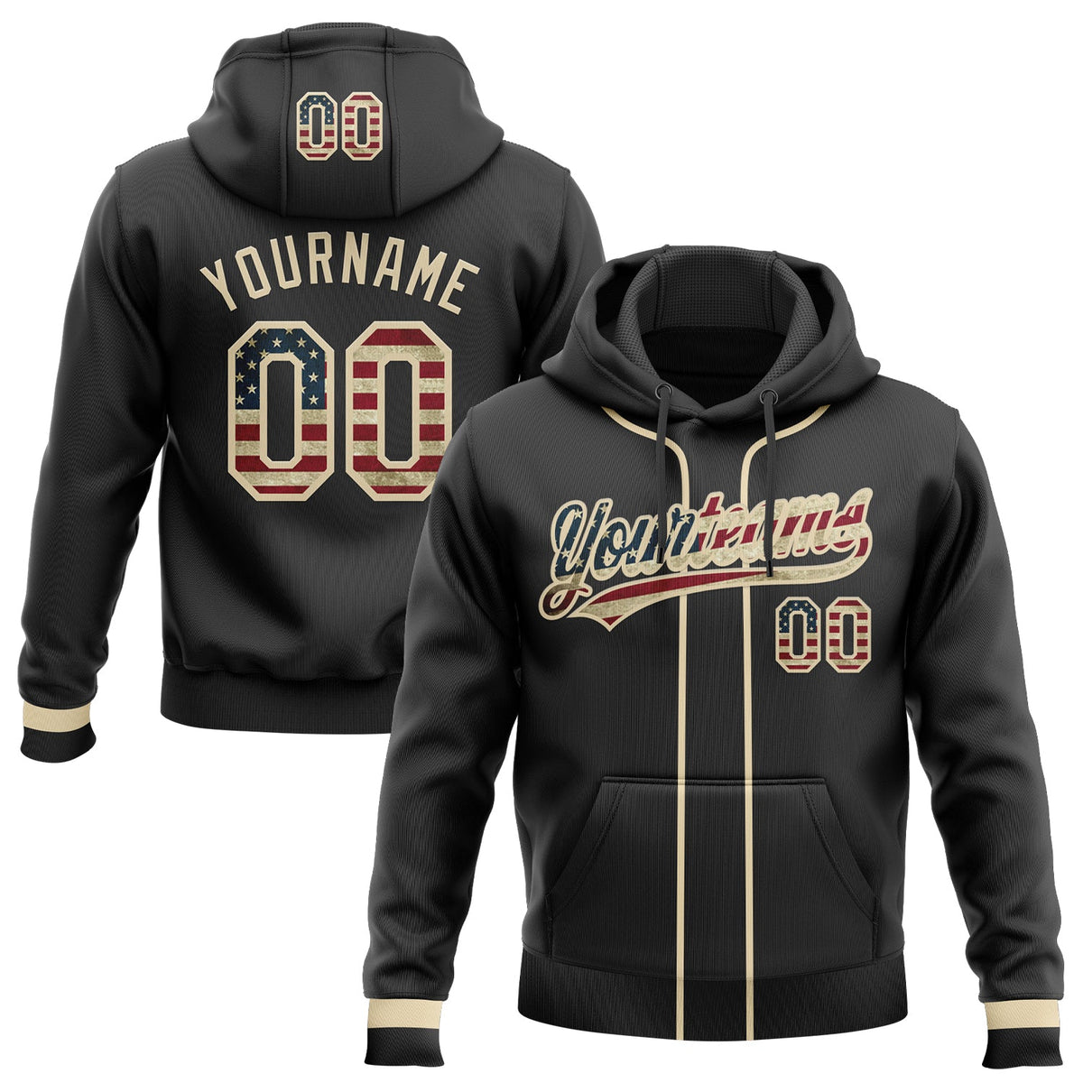Custom Stitched Black Vintage USA Flag-Cream Baseball Pullover Sweatshirt Hoodie