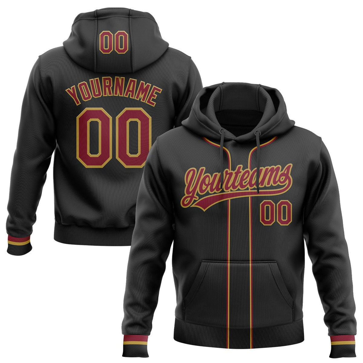Custom Stitched Black Crimson-Old Gold Baseball Pullover Sweatshirt Hoodie