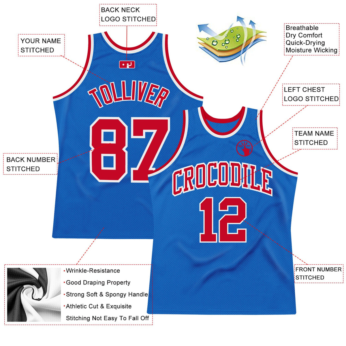 Custom Blue Red-White Authentic Throwback Basketball Jersey - Back