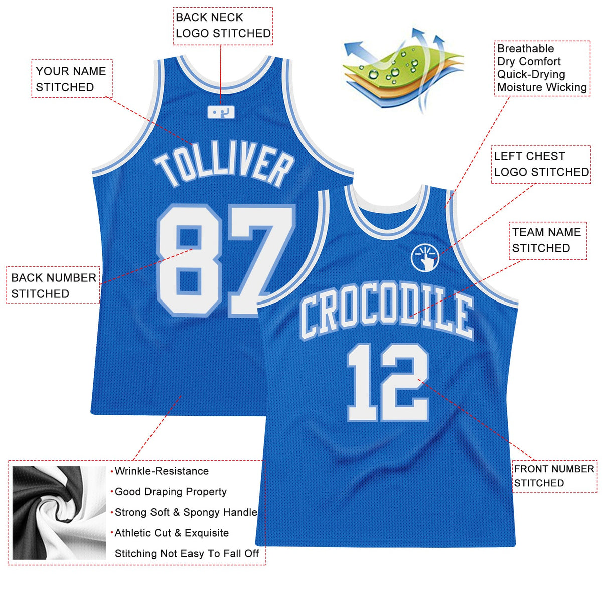 Custom Blue White-Light Blue Authentic Throwback Basketball Jersey - Back