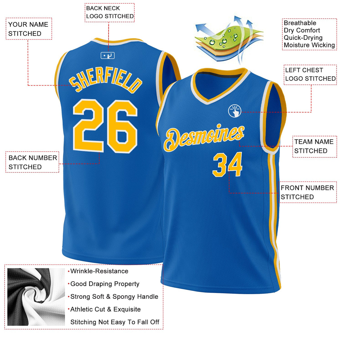 Custom Blue Gold-White Authentic Throwback Basketball Jersey - Front