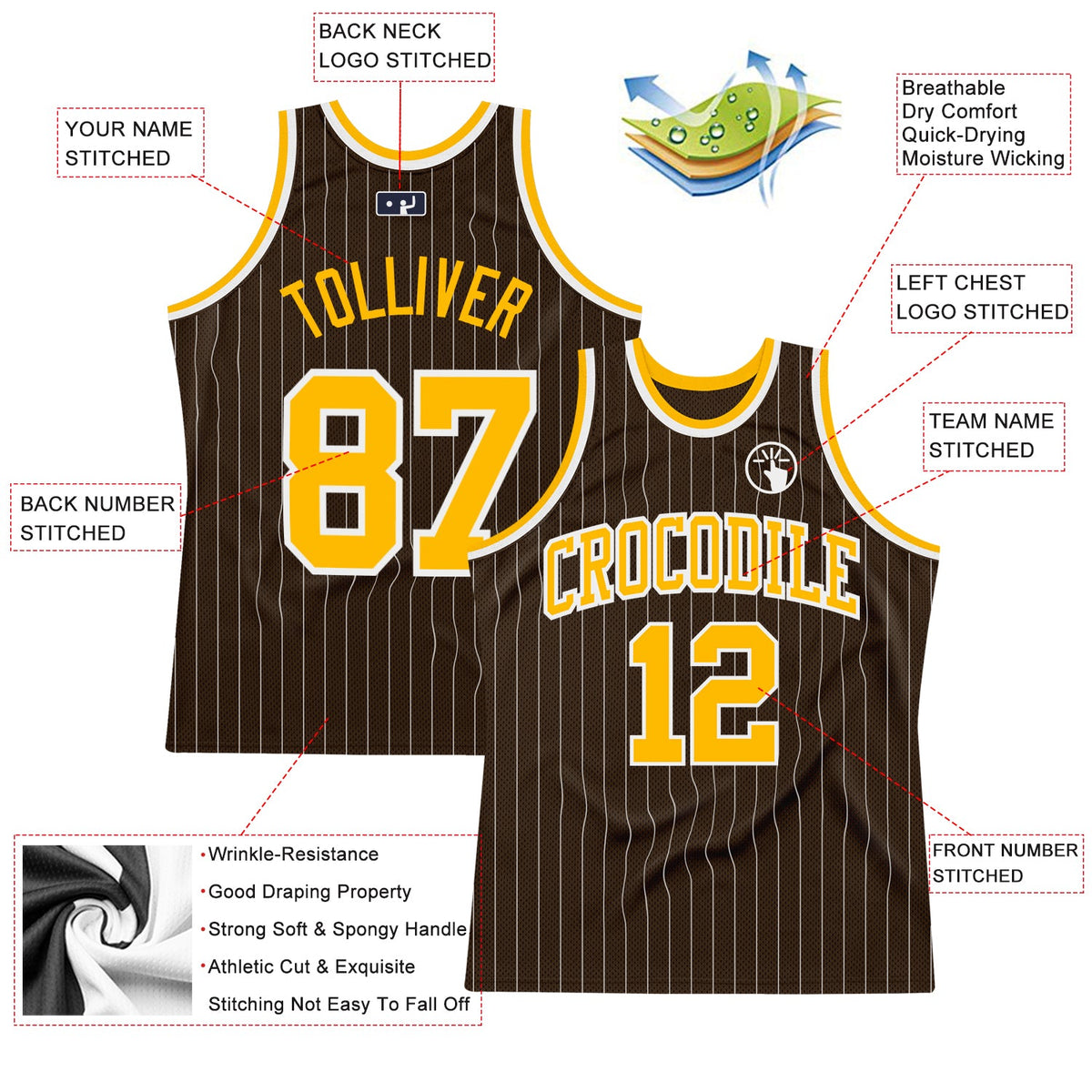Custom Brown White Pinstripe Gold Authentic Basketball Jersey - Back