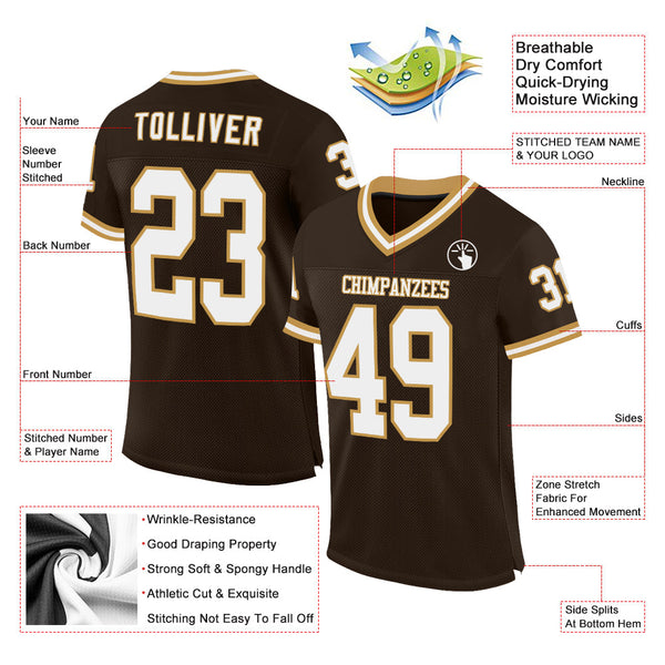 Custom Brown White-Old Gold Mesh Authentic Throwback Football Jersey alternate