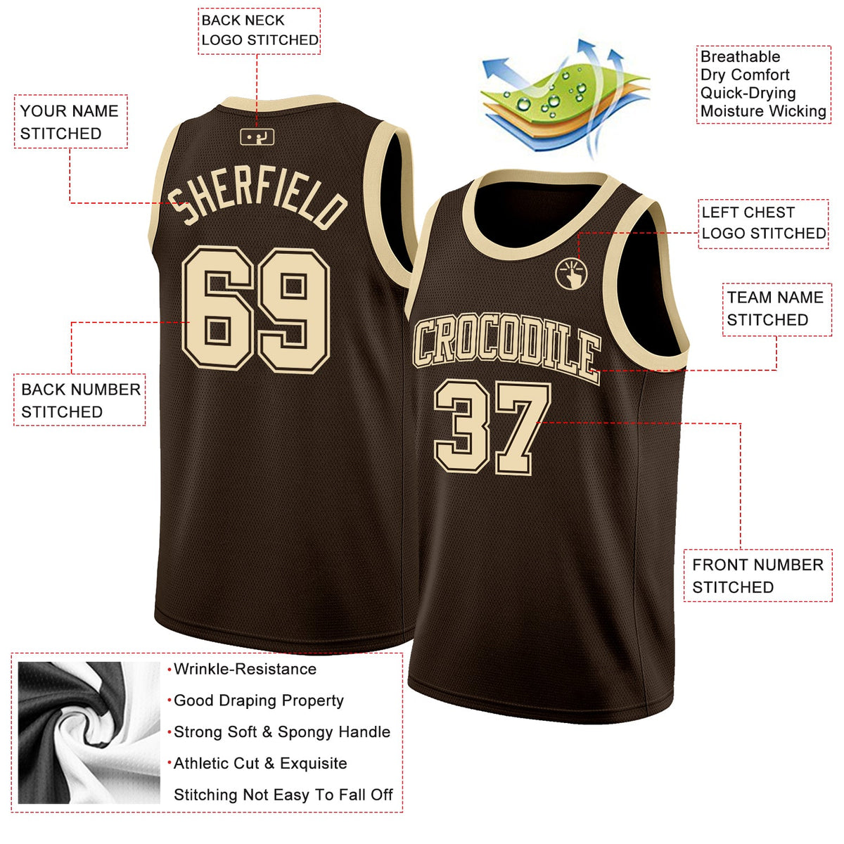 Custom Brown Cream Authentic Basketball Jersey - Back